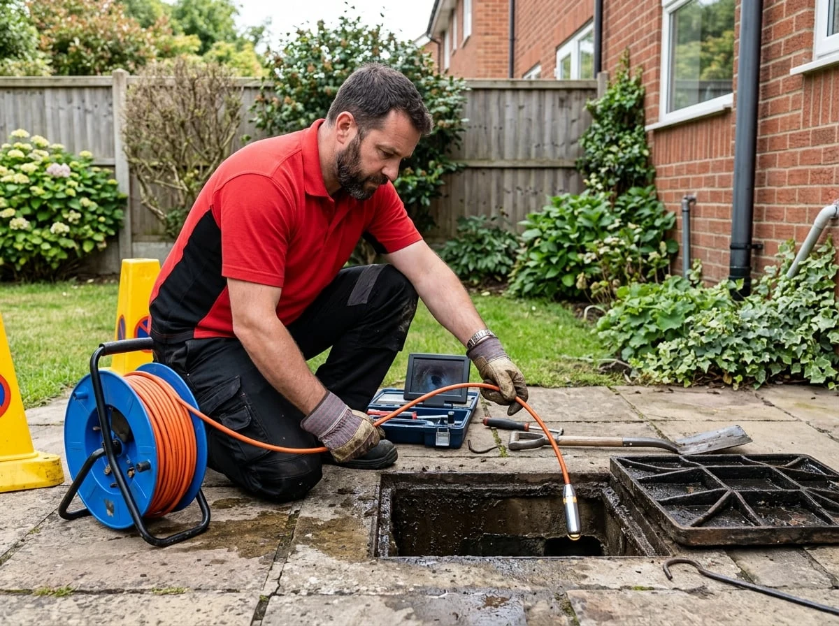 Greenwich Plumbers engineer using a CCTV drain camera to inspect a blocked drain in Greenwich