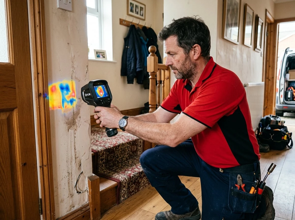 Greenwich Plumbers engineer using a thermal imaging camera for leak detection in Greenwich